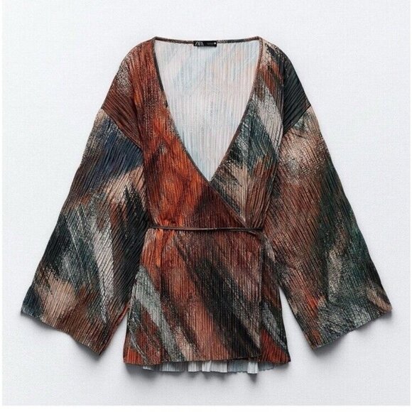 ZARA Women’s Size Small Pleated Kimono Wrap Top Orange Multi NWT - Picture 1 of 16